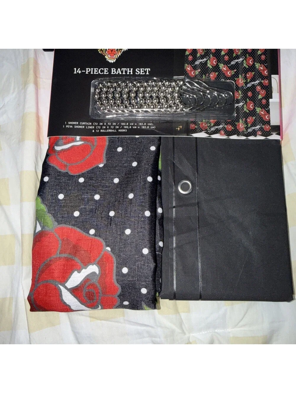 NWT Ed Hardy 14-Piece Shower Curtain Set - Roses & Silver Hooks